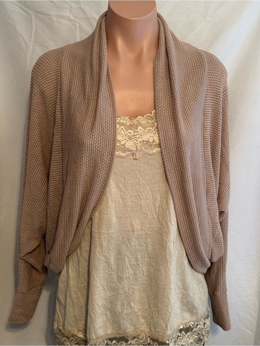 TeenBell Taupe Open-Front Draped Waffle Cardigan